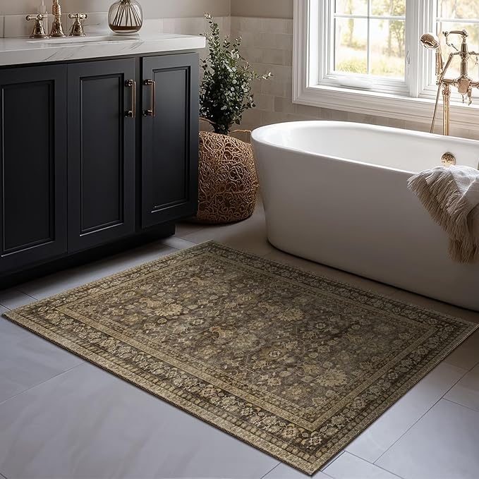 Washable 2x3 Entryway Rug, Boho Non-Slip Door Mat Vintage Distress Small Rugs for Kitchen Nursery Office Bedroom, 0.3" Neutral Oriental Throw Carpet with Cushioning Pad, Red/Brown/Multi, C4
