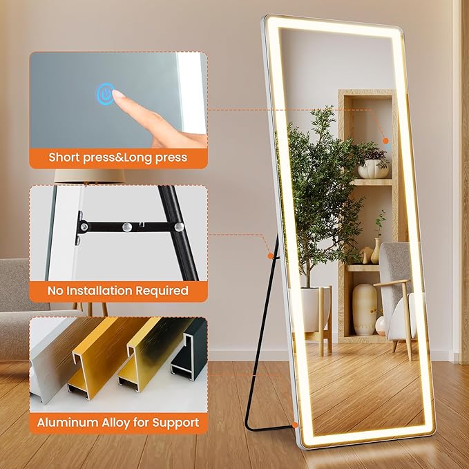 Full Length Mirror with Lights, 71" x 26" LED Floor Mirrors, Full Body Dressing Standing Mirrors with Dimming & 3 Color Lighting, Hanging Mounted Mirror for Living Room Bedroom Cloakroom