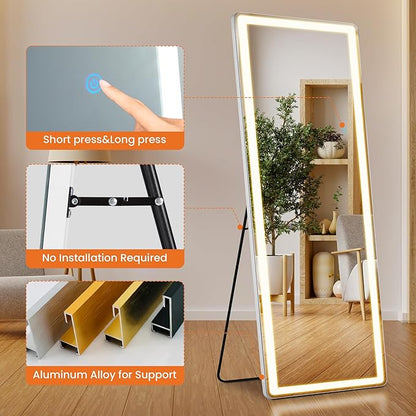 71" x 26" Arched Full Length Mirror with LED Lights, Floor Mirror with Stand, Wall Mirror Full Length, Body Floor Mirror, Wall Mounted Mirror for Bedroom, Dimmable, Tempered Glass