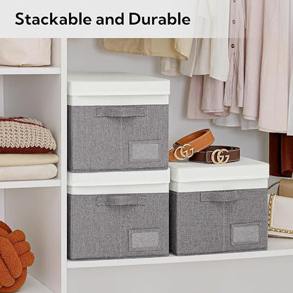 GRANNY SAYS Storage Bins with Lids, Linen Closet Storage Boxes, Collapsibe Storage Bins for Clothes, Storage Containers with Label Holder, 3-Pack, Gray&Ivory