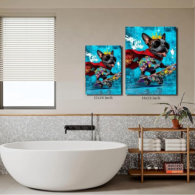 12x16 inch Graffiti French Bulldog Canvas Wall Art - Cool Skateboard Dog Poster with King Crown & Sunglasses, Pop Art Prints Street Style Framed Painting, Modern Colorful Animal Wall Decor for Bedroom Living Room