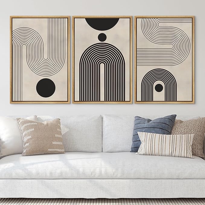 SIGNLEADER Framed Canvas Print Wall Art Set Duotone Geometric Black & White Polygons Abstract Modern Art Geometric Zen Mid-Century for Living Room, Bedroom, Office - 24"x36"x3 NATURAL