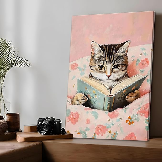 Framed Cats Canvas Wall Art, Funn Tabby Cat Reading Books Picture Wall Decor, Pink Vintage Animal Poster Prints for Girls Room Bedroom Kids Room Living Room Bathroom Decor 12x16 inch
