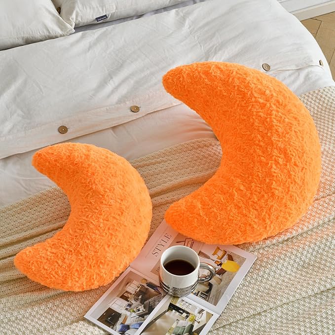 Moon Shaped Pillow with Soft Faux Fur for Couch, Bed, Sofa - Cute Half Moon Pillows with Room Decor for Bedroom, Living Room (14.9 Inches, Orange)