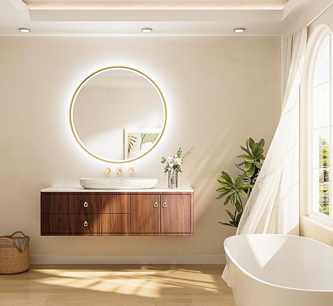 TETOTE Gold Led Round Mirror with Lights 36 Inch Metal Framed Round Circle Lighted Bathroom Vanity Mirror Wall Mounted, Front and Backlit 3 Color Stepless Dimmable Anti Fog, Shatterproof, CRI 90+