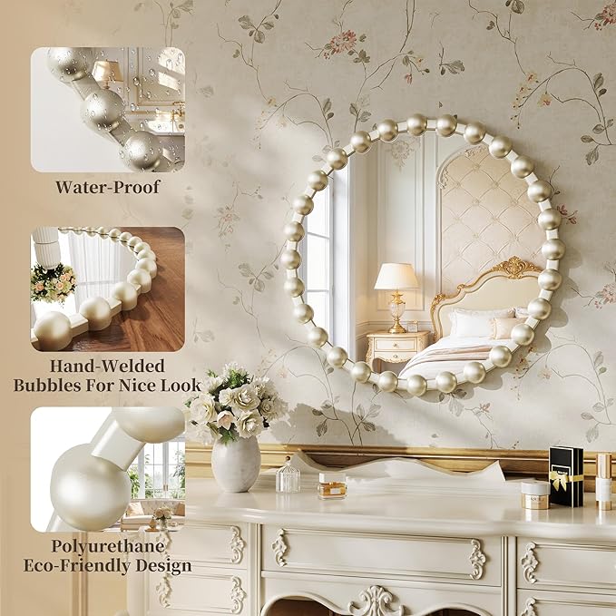 Round Mirror for Wall, 24 Inch Silver Round Vanity Mirror with Beaded Frame, Modern Decorative Wall Mirror for Bathroom, Entryway, Bedroom, Living Room, Shatter-Proof Tempered Glass, Silver