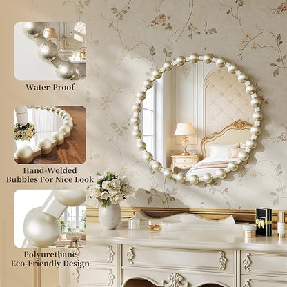 Round Mirror for Wall, 24 Inch Silver Round Vanity Mirror with Beaded Frame, Modern Decorative Wall Mirror for Bathroom, Entryway, Bedroom, Living Room, Shatter-Proof Tempered Glass, Silver