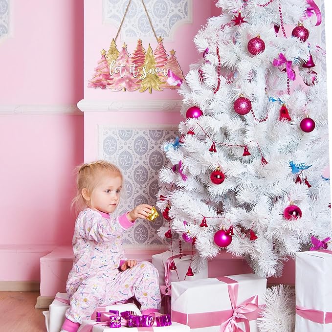 Soaoo Christmas Door Sign Pink Christmas Tree Wood Decor Let It Snow Xmas Wooden Hanging Sign Pink Xmas Tree Decorations Rustic Farmhouse for Front Door Yard Porch Outdoor Home Decor