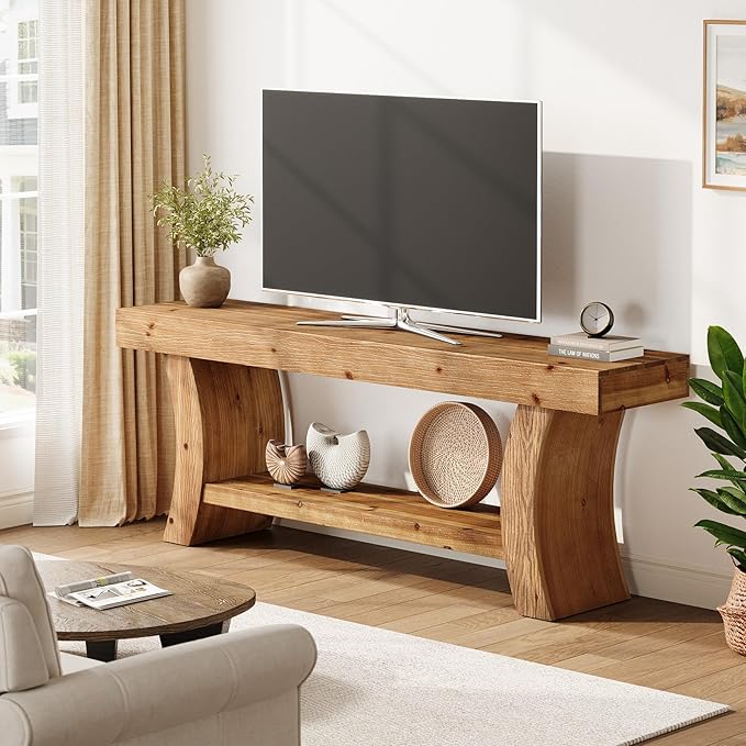 63" Solid Wood TV Stand for 55/60/65/75" TVs, Farmhouse TV Console, Low Entertainment Center with Storage for Living Room, Bedroom