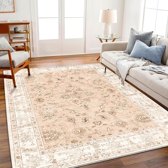 CHAMPLANT Area Rug 10x14 Washable Tangerine Vintage Traditional Mat Distressed Indoor Foldable Thin Retro Accent Floral Non Slip Carpet for Living Room Dining Room Office