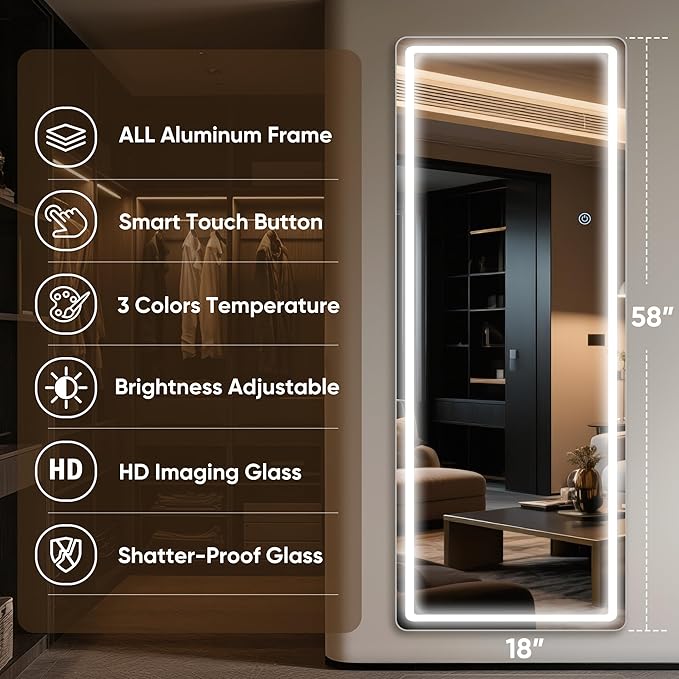Antok LED Full Length Mirror with Light, 58"x18" Lighted Full Body Mirror with Stand, Dimmable & 3 Color Lighting Standing/Leaning/Wall Mounted Vanity Mirror for Bedroom Cloakroom Livingroom(Rect)