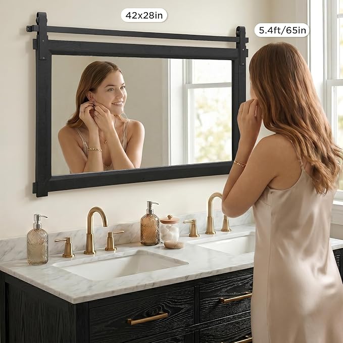 Besdomus Bathroom Black Farmhouse Mirror: 42"x28" Barn Door Rustic Solid Cedar Wood Frame - Wall Decorative Mirror for Fireplace/Living Room/Bathroom Remodel - Modern Farmhouse Decor for Homemakers