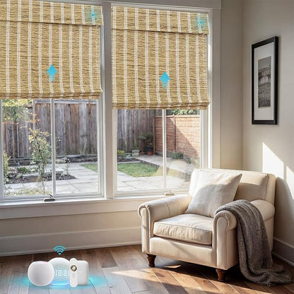 Motorized Bamboo Roman Shades, Motorized Blinds with Remote Compatible with Homekit, Alexa GoogleHome, Smart Wood Woven Shades for Indoor Windows, Customize, Golden Verge