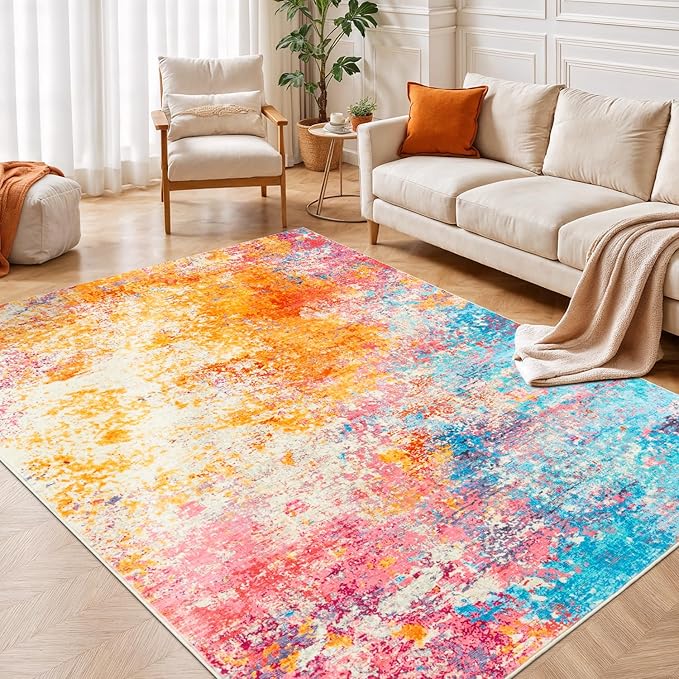 Rugflix 5x7 Area Rugs for Living Room, Washable Colorful Rainbow Rug Stain-Resistant Low Pile, Large Carpet Non-Slip for Kids Girls Room Nursery Bedroom Home Office