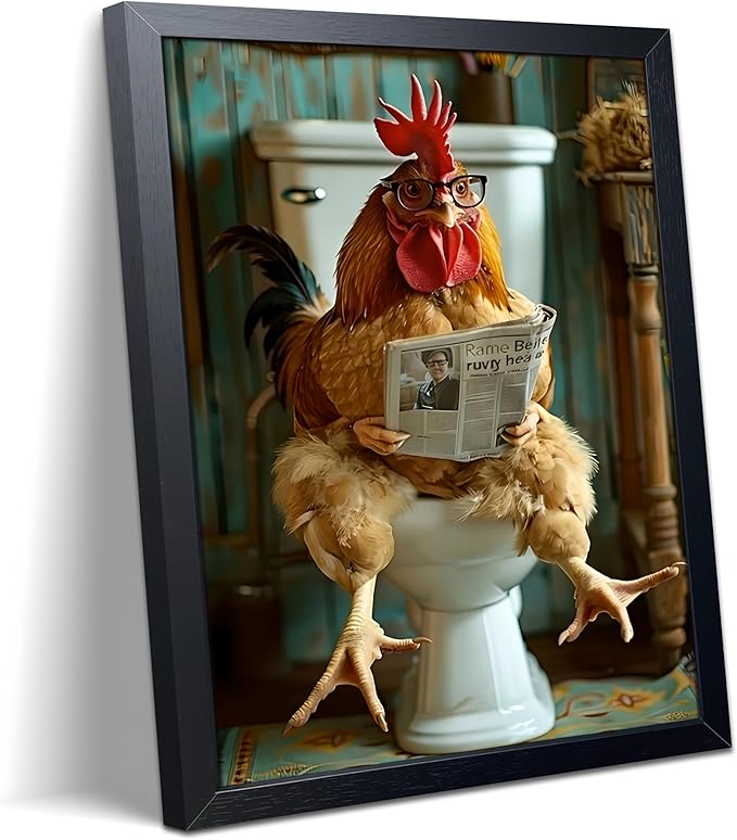 Funny Chicken Bathroom Wall Art, Framed Canvas Print, Rooster Sitting on Toilet Reading Newspaper with Glasses, Humorous Farm Animal Art Oil Painting for Bathroom Decor Restroom Home Decoration 12x16 Inch