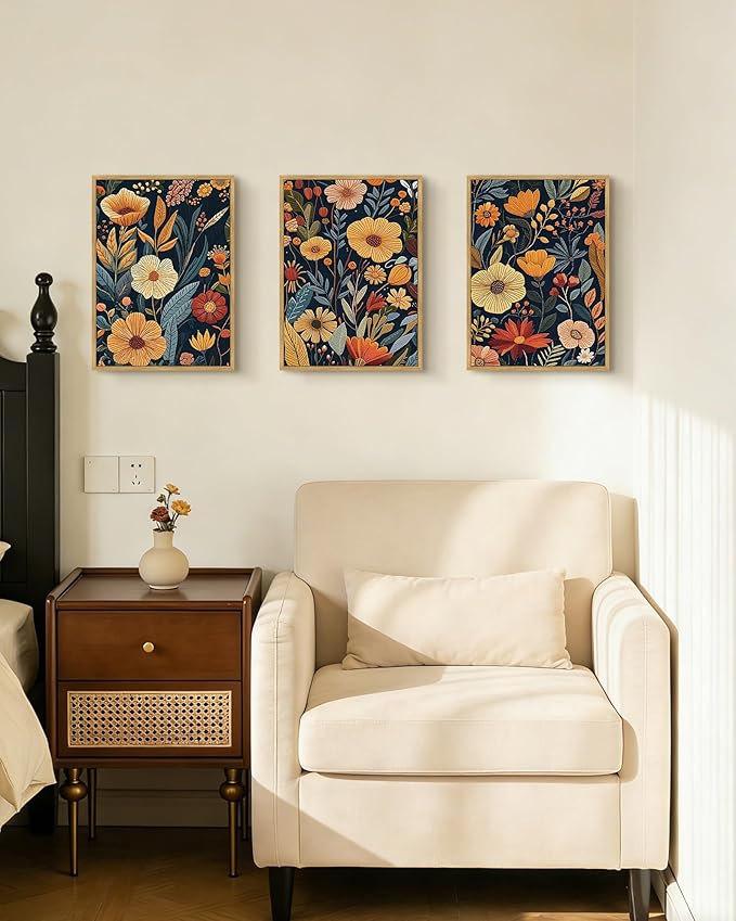 Drsoum Vintage Flower Wall Art Framed Retro Bohemian Boho Colorful Floral Plant Rustic Artwork Nature Botanical Wildflower Prints Bedroom Living Room Ready to Hang 11x14in Natural Framed