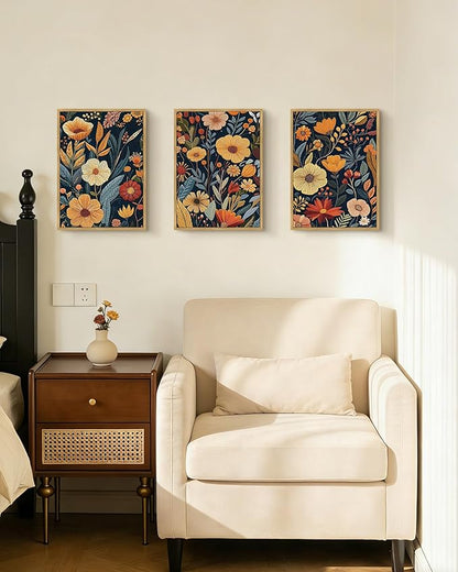 Drsoum Vintage Flower Wall Art Framed Retro Bohemian Boho Colorful Floral Plant Rustic Artwork Nature Botanical Wildflower Prints Bedroom Living Room Ready to Hang 11x14in Natural Framed