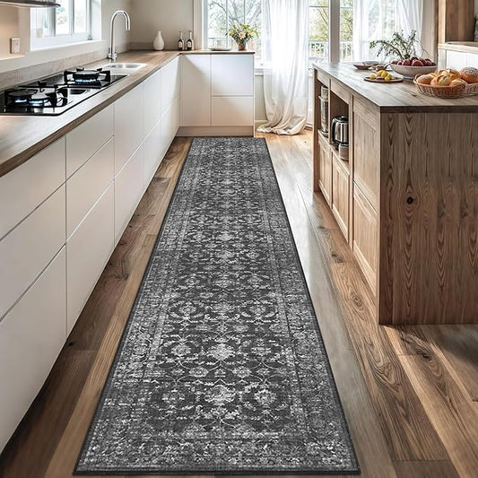 2x12 Black Runner Rug Hallway Washable Area Rugs Kitchen Vintage Boho Non Slip Long Rug Floral Carpet Indoor Retro Soft Low Pile Throw Rug for Bedroom Bathroom Laundry Dining Living Room Office