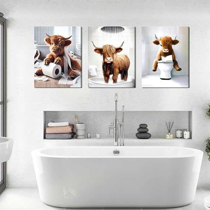 Funny Bathroom Highland Cow Wall Art, Brown Cute Cow Animal Canvas Posters Prints Set of 3, Vintage Rustic Farmhouse Home Pictures Wall Decor Painting for Bathroom Restroom Framed 16x24Inch