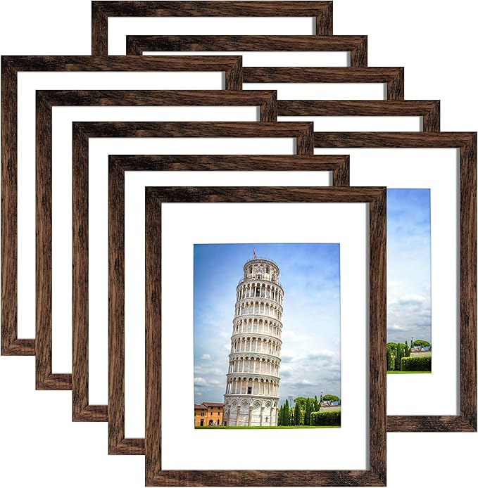 SESEAT 11x14 Picture Frame Set of 10, Display Pictures 8x10 With mat or 11x14 Prints Without Mat, Wall Mounting, Brown