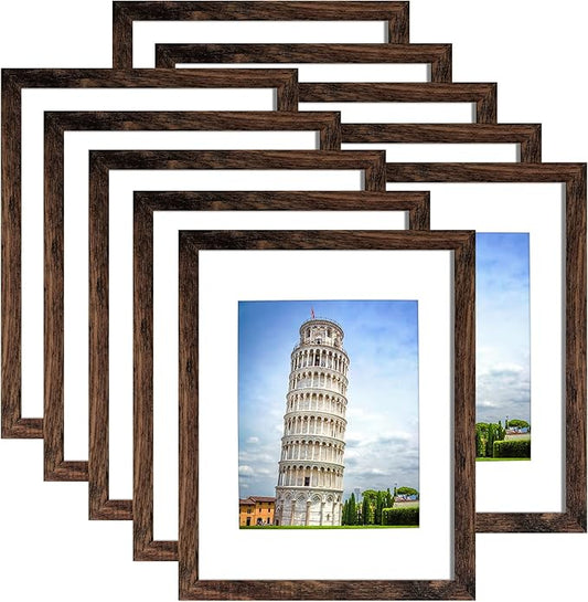 SESEAT 11x14 Picture Frame Set of 10, Display Pictures 8x10 With mat or 11x14 Prints Without Mat, Wall Mounting, Brown