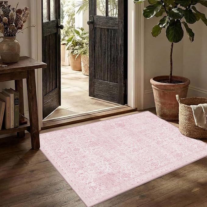 Rugxara 2x3 Entryway Rug Door Mat, Washable Boho Pink Samll Entry Rug, Non Slip Area Rugs, Low Pile Throw Accent Entry Carpet for Indoor Entrance, Front Door Mat, Bathroom and Kitchen(Pink 2x3ft)