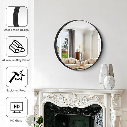 Black Round Mirror 22 inch Deep Frame Circle Mirror, Metal Framed Bathroom Mirror, Round Vanity Mirror, Circle Mirrors for Wall Entryway Bedroom Living Room Hallway