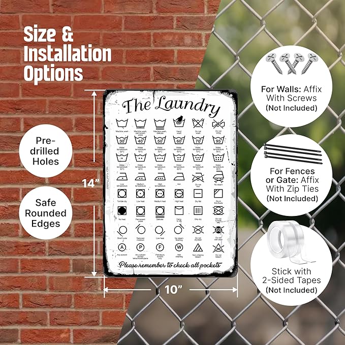 SmartSign Laundry Symbols Wall Art Sign, 'Please Remember To Check All Pockets' Vintage Sign, 14" x 10", 40 mil Laminated Rustproof Aluminum, Retro Wall Décor, Black/Rustic White, USA-Made