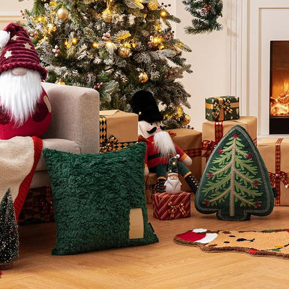 Phantoscope Merry Christmas Tree Decorative Throw Pillow, Velvet Beads Embroidery 3D Shaped Cushion, Green, 18 x 14 in