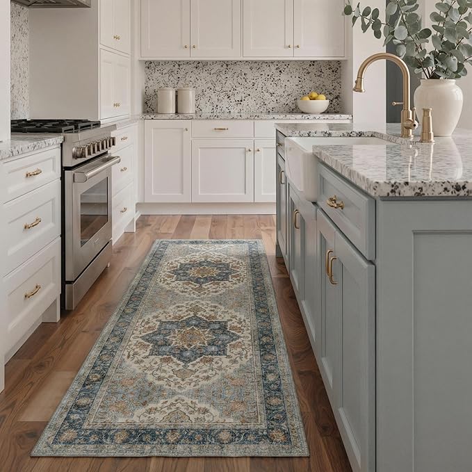 GENIMO 8x10 Area Rugs for Living Room, Machine Washable Non Slip Rugs, Low Pile Lightweight Print Rug for Bedroom, Dining Room, Home Office, Vintage Blue Medallion