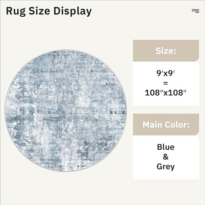 Soalmost 9x9 Blue/Grey Round Rug 9ft Living Room Circle Rug Vintage Round Area Rug Non Slip Indoor Carpet for Apartment