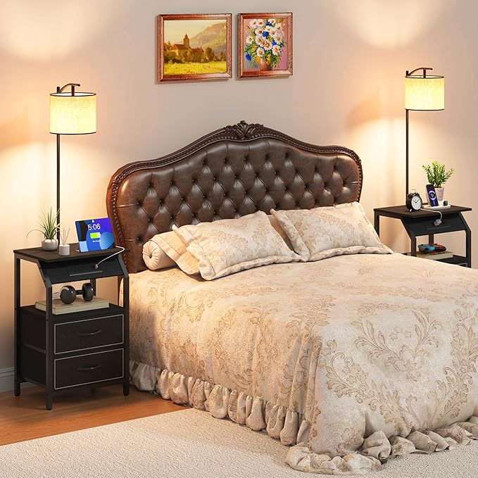 End Table with Floor Lamp, Nightstand with Charging Station, Floor Lamp Table with 3-Color Temperature Bulb, Bedside Table Night Stand with 2 Drawers for Bedroom, Living Room, Black