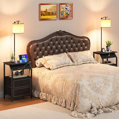 End Table with Floor Lamp, Nightstand with Charging Station, Floor Lamp Table with 3-Color Temperature Bulb, Bedside Table Night Stand with 2 Drawers for Bedroom, Living Room, Black