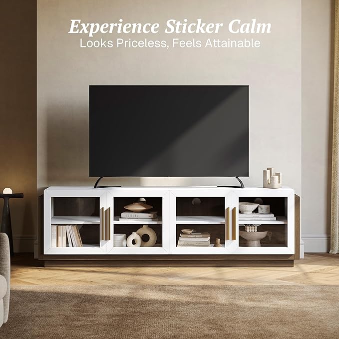 BELLEZE 70 Inches TV Stand for TVs up to 75 Inches, Modern Entertainment Center with Glass Door and Shelves, Wood Storage Cabinet for Living Room - Brixston, White