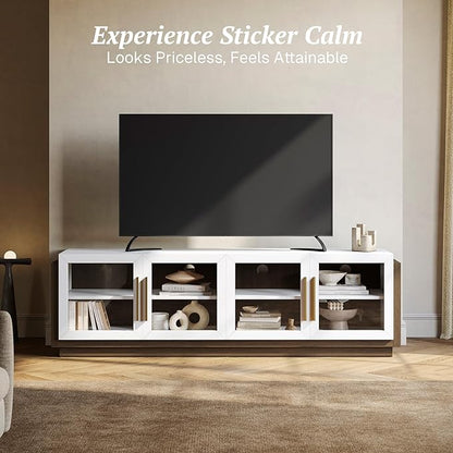 BELLEZE 70 Inches TV Stand for TVs up to 75 Inches, Modern Entertainment Center with Glass Door and Shelves, Wood Storage Cabinet for Living Room - Brixston, White
