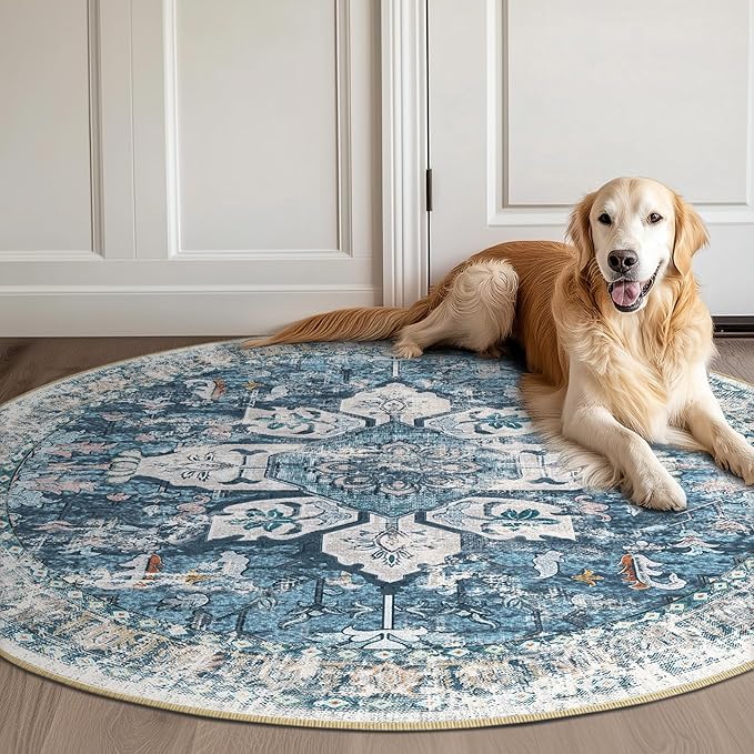 BESTSWEETIE 6ft Area Rug Washable Rugs for Living Room, No Pile Boho Carpet for Entryway Bedroom Dinning Room, Vintage Carpet Print Distressed Non-Slip, 72" Round, Blue Navy