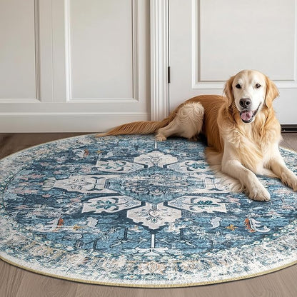 BESTSWEETIE 6ft Area Rug Washable Rugs for Living Room, No Pile Boho Carpet for Entryway Bedroom Dinning Room, Vintage Carpet Print Distressed Non-Slip, 72" Round, Blue Navy