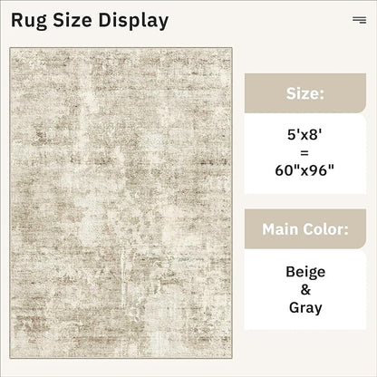 Soalmost 5x8 Area Rugs Beige Gray Low Pile Indoor Washable Trendy Faded Style Rugs for Bedroom Living Room Dining Room Foldable Non-Slip Thin Print Home Office Mat