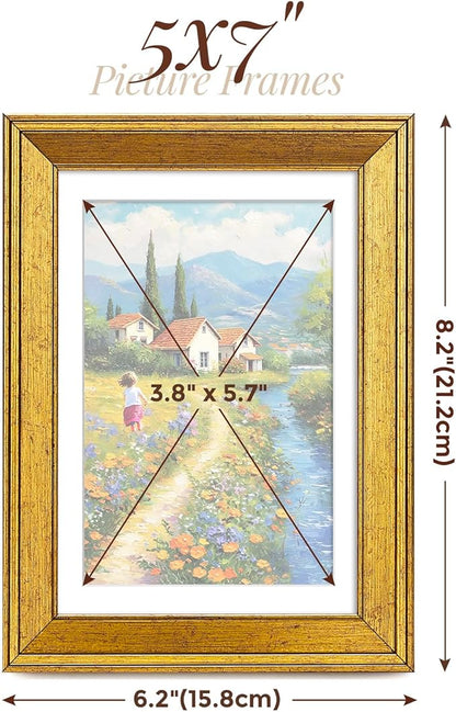 TWING 5x7 Gold Picture Frames Set of 6,Rustic Gold Frames Display Pictures 4x6 with Mat or 5x7 Without Mat,Tabletop Display and Wall Mounting Home Collage Photo Frame,Set for Wall Gallery