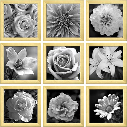 eletecpro 8x8 Picture Frames Set of 9 with Mat for 4x4 Photos or without Mat for 8x8, Square Gallery Wall Decor Collage for Picture Display, Gold Frame Set for Wall Hanging