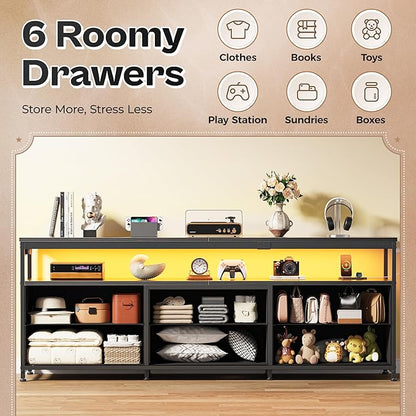 Huuger 63 Inch TV Stand for 55, 65, 70 Inch TV, Long Dresser TV Stand for Bedroom, Black LED TV Stand with Power Outlets, Fabric Drawer Dresser with Storage, Entertainment Center for Living Room