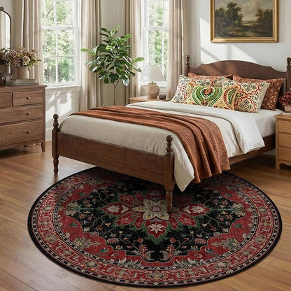 RELEANY Area Rugs Round 8ft Washable Non-Slip, Floral Vintage Distress Print Pattern Medallion Carpet for Living Room Bedroom Dining Room, Red Black