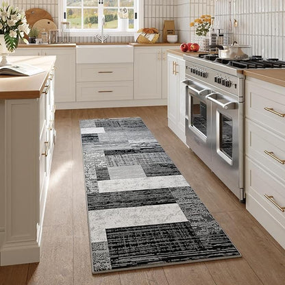 FlyDOIT Modern Geometric Patchwork Area Rug, 2x6 Grey Runner Rugs for Living Room, Rockwood Collection Indoor Rugs for Bedroom, Throw Carpet Floor Decor for Entryway Dining Room Office Nursery