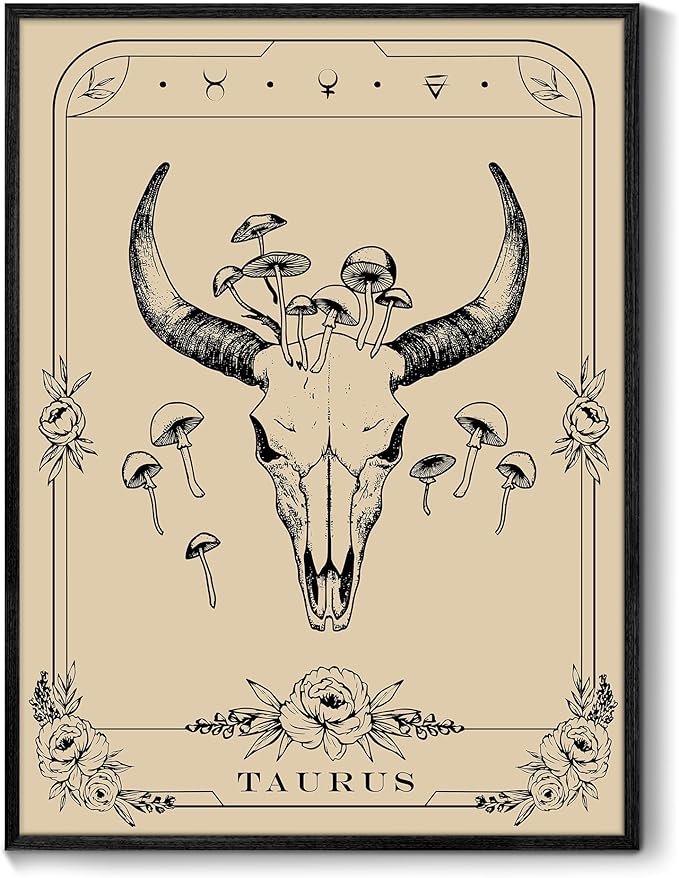 SERIMINO Witchy Framed Wall Art, Taurus Tarot Canvas Prints Paintings, Horoscope Dark Academia Home Decor Aesthetic, 16x24inch Gothic Wall Decor for Room