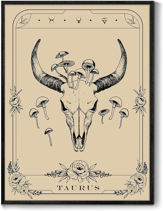 SERIMINO Witchy Framed Wall Art, Taurus Tarot Canvas Prints Paintings, Horoscope Dark Academia Home Decor Aesthetic, 16x24inch Gothic Wall Decor for Room