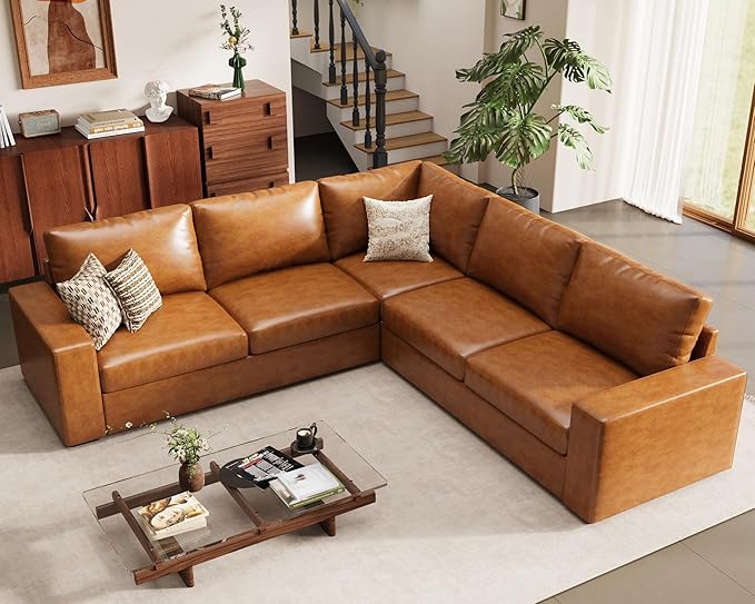 ELUCHANG 113" V-Shaped Modular Sectional Sofa Couch, Modern 5-Seat Premium Faux Leather Deep Seat Sofa with Corner, Removable Cover, Easy Assembly, Large Sofas & Couches for Living Room, Office, Brown