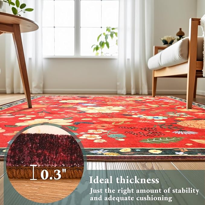 Macgace 2x6 Floral Runner Rug, Flowers Printed Washable Rugs with Non Slip Backing for Girls Bedroom Kitchen Hallway,Cute Carpet Runners Home Aesthetic Decor, Christmas Red
