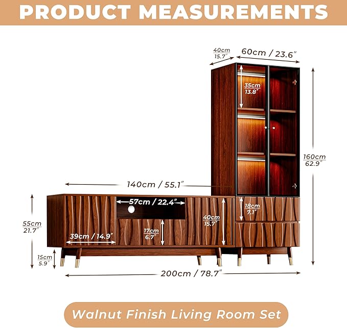 78'' Walnut Finish Entertainment Center for 32/43/55 inch TV, Included 55'' TV Stand and Glass Display Cabinet, 2-Piece Brown Mid Century Modern Wood Media Console for Living Room
