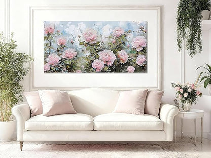 Ardemy Flower Wall Art Canvas Art Wall Decor, Floral Painting Textured Picture Living Room, Pink Rose Artwork Framed for Bedroom Kitchen Dining Room Home Office Decor Extra Large 58"x29"