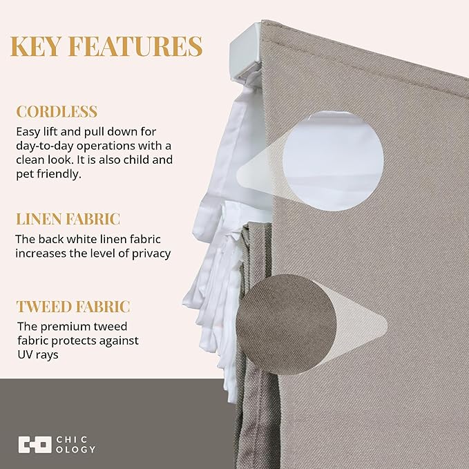 CHICOLOGY Cordless Roman Shade for Windows & French Doors, Ridgewood Dark Elm, Privacy + Light Filtering Linen Look Fabric w/White Liner, True to Size, Inside/Outside Mount, 29" W x 72" H